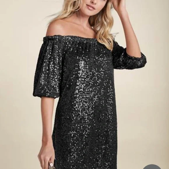 VENUS Sequin Off-The-Shoulder Dress | Black | Size Large